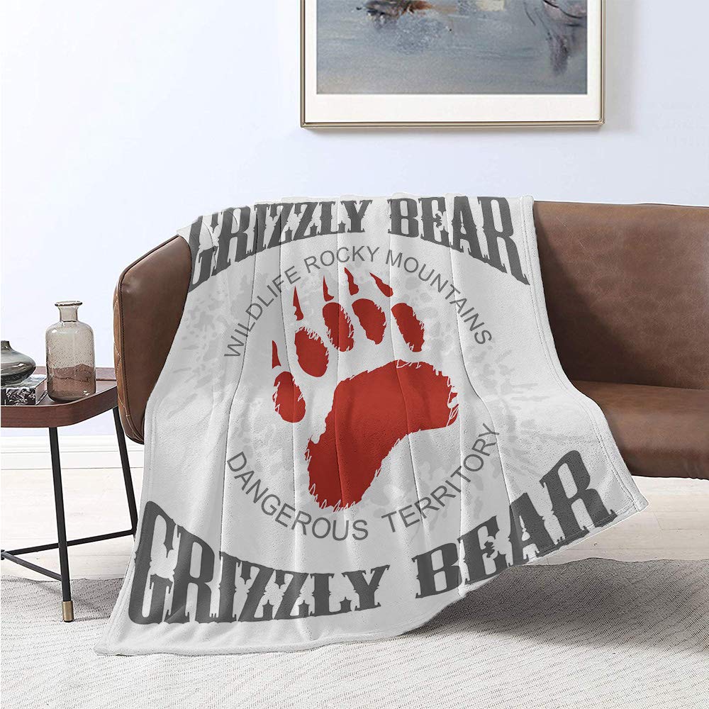 Luoiaax Cabin Commercial Grade Printed Blanket Grunge Grizzly Bear Footprint Emblem Dangerous Wildlife Rocky Mountains Queen King W80 x L60 Inch Grey Red White
