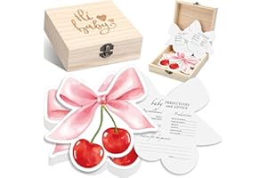 RattanView 50 Pcs Cherry on Top Baby Shower Decorations Double Side Baby Predictions & Advice Cards for New Parents Cherry Shower Games with Cards Wooden Keepsake Box for Wishes Decorations