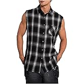 VIPWOLF Men's Sleeveless Shirts Plaid Raw Trim Button Down Muscle Tank Tops