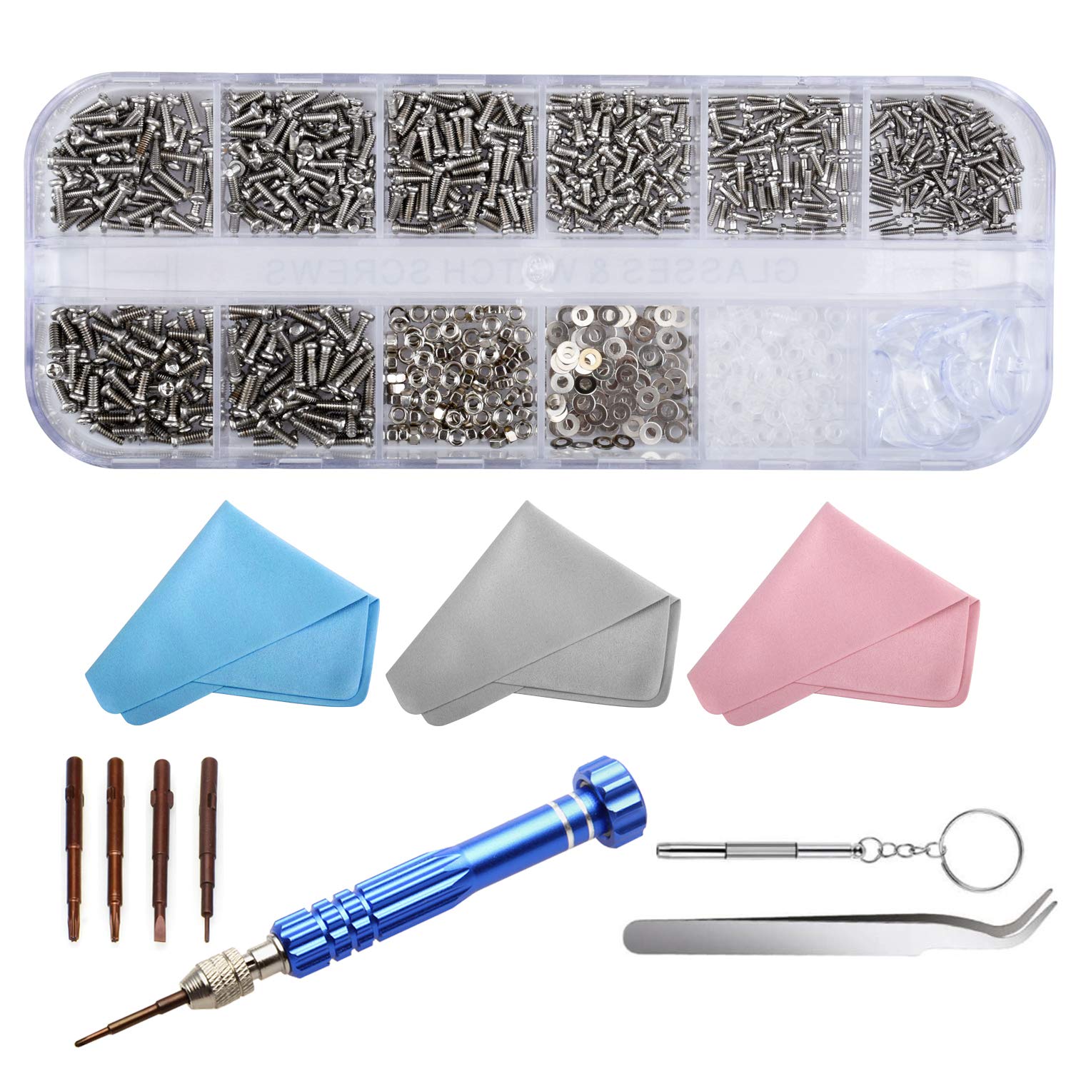 Drado 1100pcs Glasses Repair Tool Kit, Spectacles Repair Tool Kit Sunglasses Eyeglasses Screws Repair Kit with Silicone Nose Pads, Glasses Cloth, Tweezer, Screws and Screwdriver