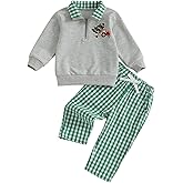 xkwyshop Toddler Baby Boy Christmas Outfit Tree Santa Gingerbread Tractor Long Sleeve Polo Sweatshirt Plaid Pants Set Clothes