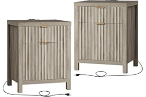 OAKHAM HOME Oxford 2 Drawer Nightstand, End Table with Charging Station, Night Stand with Fluted Panel, Bed Side Table Set of 2 (Grey Oak)