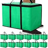 Sunnymove 12 Pcs Large Insulated Food Delivery Bag Bulk XXXL Reusable Grocery Bags Foldable Catering Insulated Cooler Bag with Sturdy Handles for Takeout Shopping Camping, Warmer/frozen(Green)