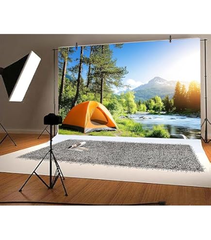 BELECO 8x6ft Fabric Mountain Forest Camping Backdrop Sunshine Outdoor Travel Hiking Mountains Pine Trees River Landscape Grassland Camp Tents Background Kids Birthday Party Decor Photo Shoot Props