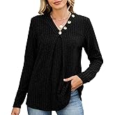 Quatrefox Women's Sweaters Long Sleeve V Neck Tops Shirt Casual Loose Button Pullover Jumper Comfy Autumn Top