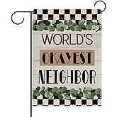 Dyrenson World's Okayest Neighbor Decorative Garden Flag, Eucalyptus Leaves Checkerboard Yard Outside Home Decoration, Farmhouse Rustic Burlap Outdoor Small Decor Double Sided Neighbor Gifts 12 x 18