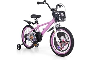 BABY JOY Kids Bike, 12 14 16 18 Inch Child Bike for 3-8 Years Old with Adjustable Height, Training Wheels, Storage Basket, Ha