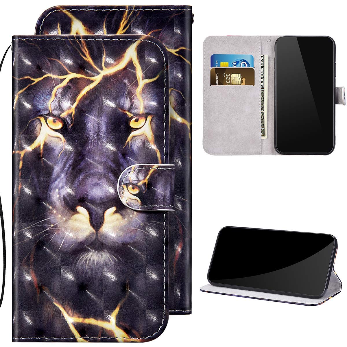 Compatible with iPhone X/iPhone XS case, leather wallet, protective flip case, 3D glitter shiny, colourful painted pattern, PU leather flip case, mobile phone case for iPhone X/XS, lion.