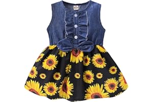 Kucnuzki Toddler Girl Outfits Baby Sunflower Princess Dresses Denim Summer Sleeveless Clothes Jean Tutu Skirts for Girls