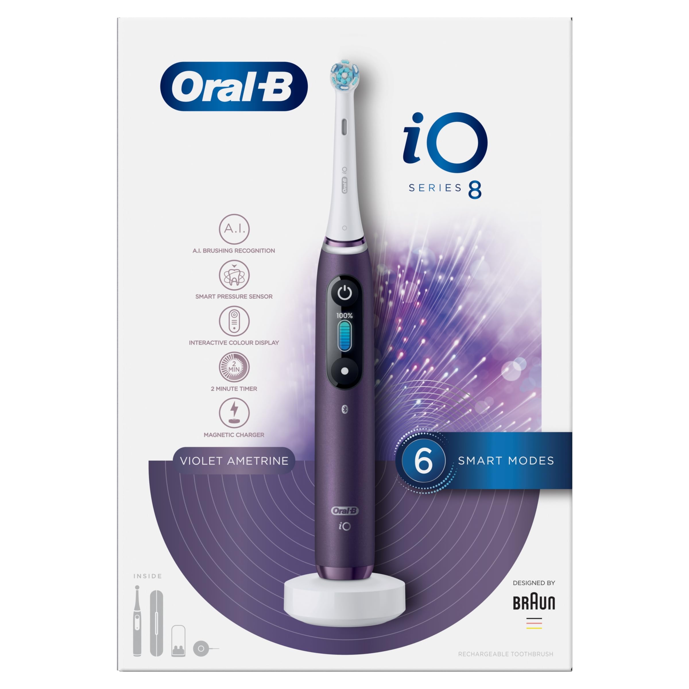Oral-B iO8 Electric Toothbrushes For Adults, App Connected Handle, 1 Toothbrush Head & Travel Case, 6 Modes with Teeth Whitening, 2 Pin UK Plug, Violet