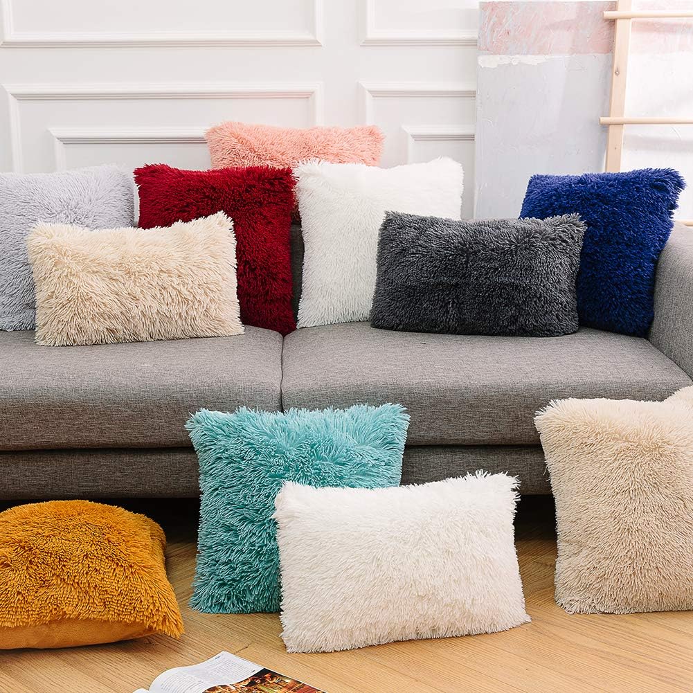 NordECO HOME Luxury Soft Faux Fur Fleece Cushion Cover Pillowcase Decorative Throw Pillows Covers, No Pillow Insert, 18" x 18" Inch, White, 2 Pack: Home & Kitchen