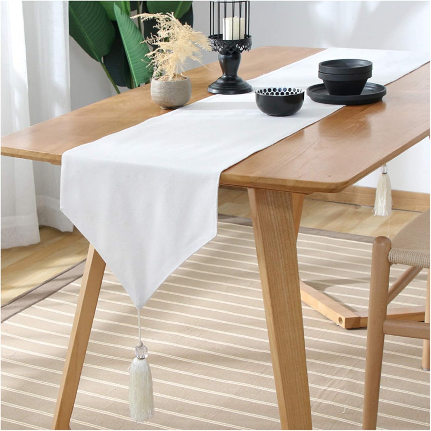 Camino Mesa Lino Algodón Camino Cama con Borlas Estampado Geométrico