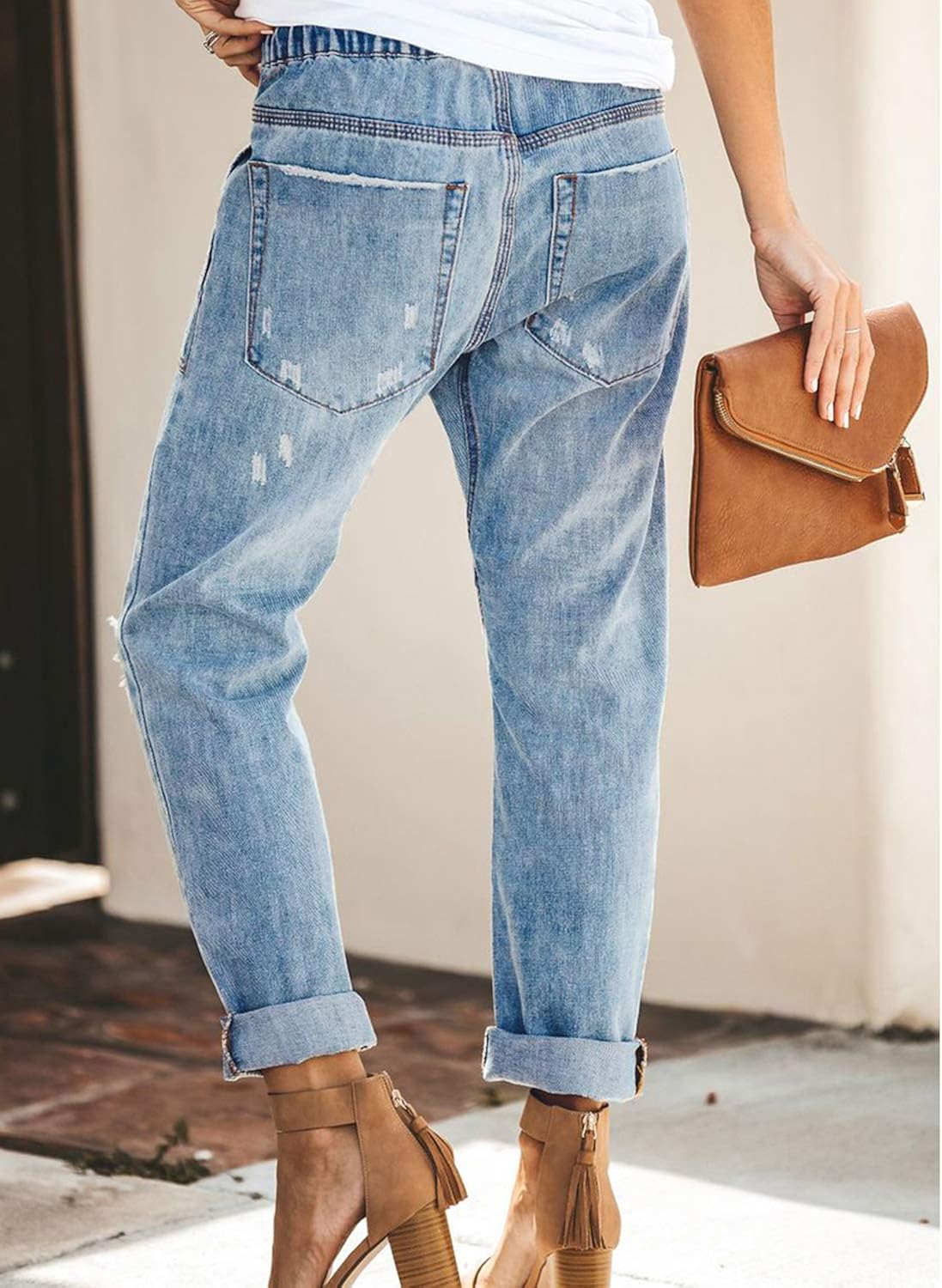 Sidefeel Women Pull-on Distressed Denim Joggers Elastic Waist Stretch Pants at  Women's Jeans store