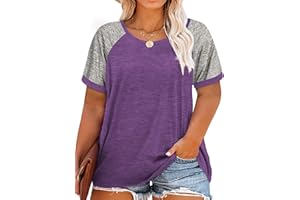 ROSRISS Plus Size Tops for Women Summer Raglan Color Block T Shirts Short Sleeve Loose Fit Tee