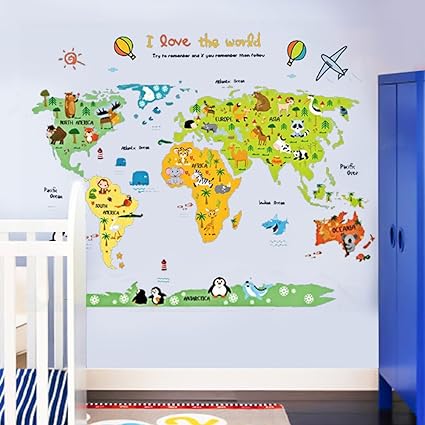 Ufengke Mappa Del Mondo Dei Cartoni Animati Simpatico Animale Adesivi Murali Camera Dei Bambini Vivai Adesivi Da Parete Removibili Stickers Murali Decorazione Murale Amazon It Casa E Cucina