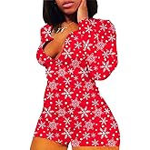 MOBJVIY Women's Christmas One Piece Long Sleeve Jumpsuit Snowflake/Cartoon Elk Printed Romper Pajamas