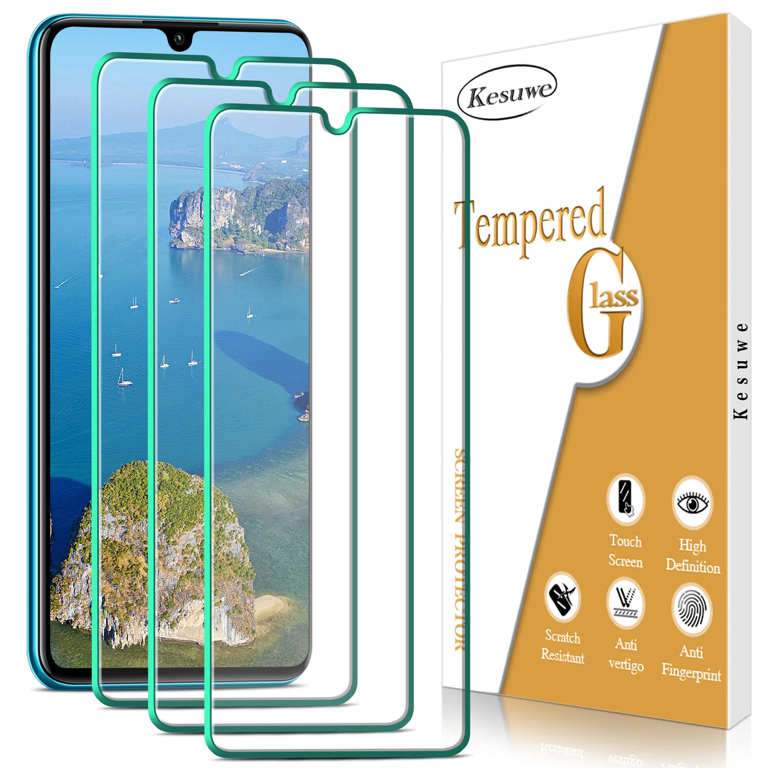 Kesuwe [3 Pack] Screen Protector for Huawei P30 Lite Tempered Glass, Anti Scratch, Anti Fingerprint, 9H Hardness, Case Friendly, Bubble Free, High Definition
