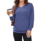 AUSELILY Womens Long Sleeve Sweatshirt Casual Fall V Neck Hoodless Pullover Tops with Pockets