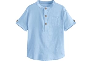 Malliosse Boys Short Sleeve Henley Shirt Button Up Linen Cotton Dress Shirts Tees Tops with One Pocket