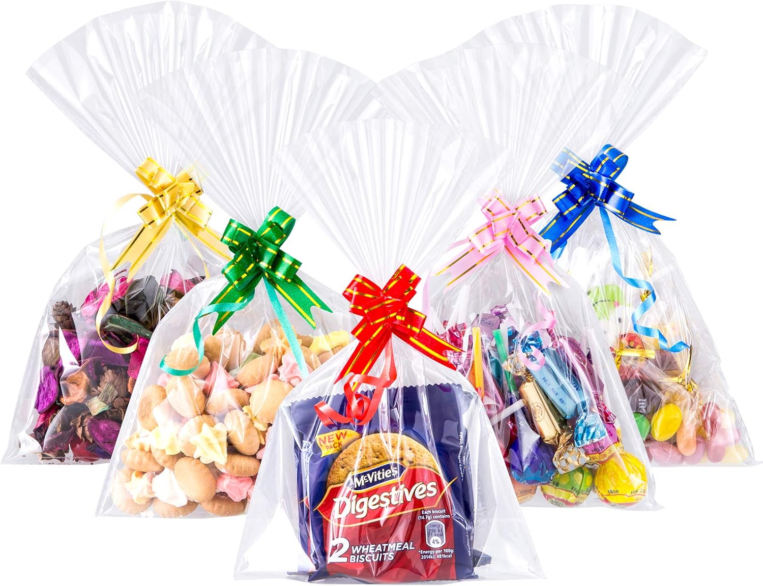 GWHOLE 120 Pcs 6x10 inch Cellophane Bags,Sweet Bags Party Gift Bags OPP Plastic Storage Bags with Colorful Pull Bows for Present Sweet Packaging of Christmas Halloween