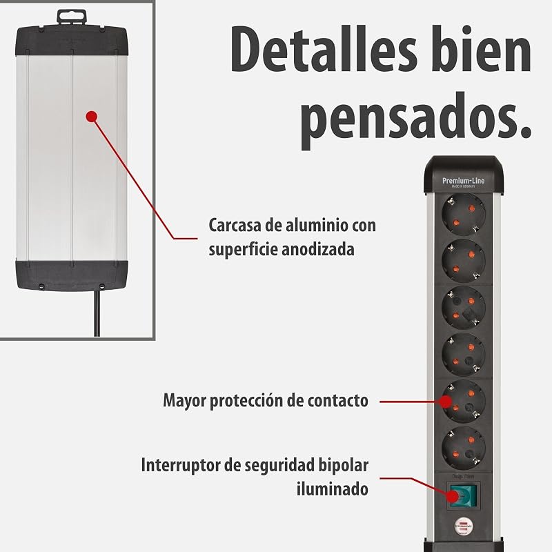 Premium-ALU-Line regleta enchufes con 8 Tomas y Interruptor Individual (regleta para Montaje en Pared, Cable de 3 m, 2X Interruptor Iluminado, Fabricado en Alemania)