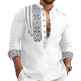 Kubsid Mens Henley Shirts Casual T Shirt Long Sleeve Banded Collar Button Down Vintage Beach Tops