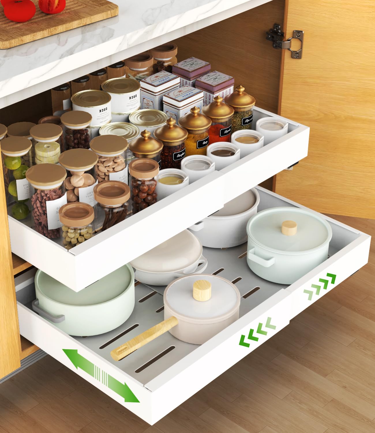 Photo 1 of Pull out Cabinet Organizer, Expandable(12.2"-20.5") Heavy Duty Slide Out Drawers, Fixed with Adhesive Nano Film or Screw, Roll out Shelf Storage for Kitchen Base Cabinet Organization(16.5''Deep)
