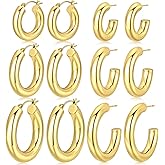 6 Pairs Simple Gold Hoop Earrings Set for Women Trendy, 14K Gold Plated Chunky Hollow Tube Hoops Earrings, Hypoallergenic Lightweight Large Hoops Jewelry 25/30/35mm