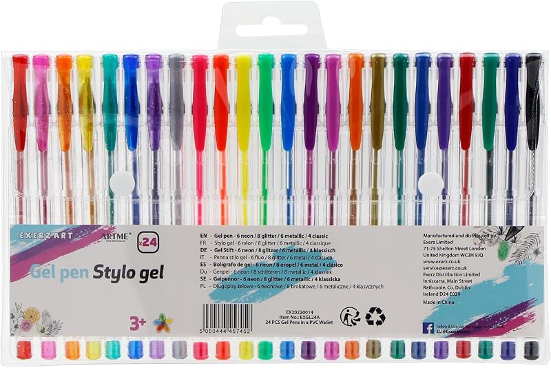 EXERZ Gel Pen Set 24pcs Rainbow Colours Fine Ink 0.6/0.8/1.0mm