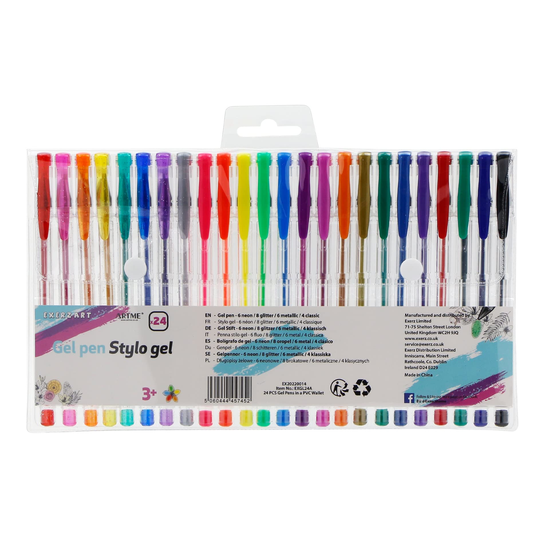 EXERZ Gel Pen Set 24pcs Rainbow Colour Arts and Crafts -Fine Ink Ballpoint Pens, Vibrant Colour, Free Flowing, Include Glitter, Neon, MetallicaAnd Classic Shades
