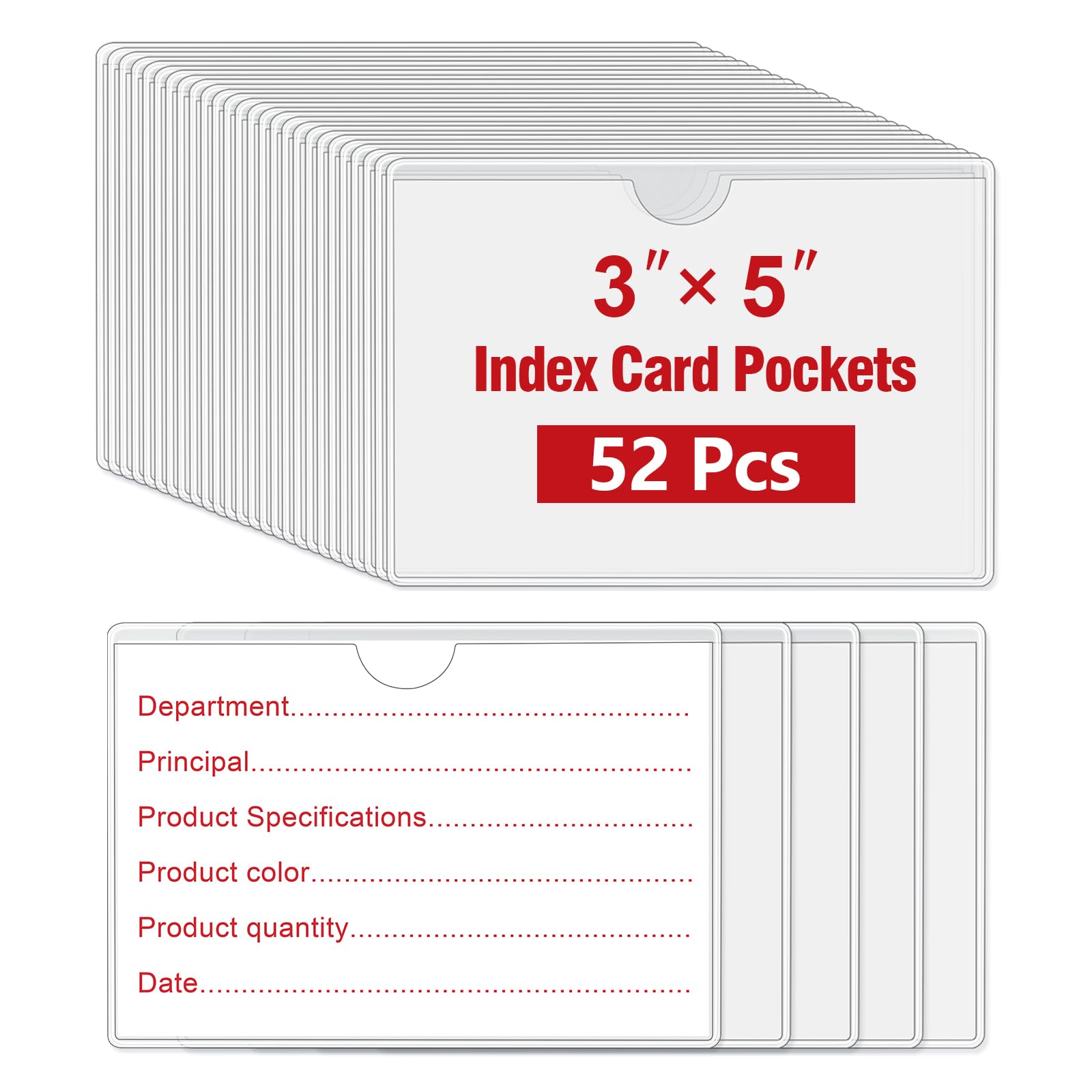 Photo 1 of 52 Pcs 3" x 5" Self Adhesive Index Card Pockets Label Pockets with Top Open for Loading, Clear Adhesive Pockets Labels Holders for Storage Bins, Library Card, Organizing(Index Card not Included)