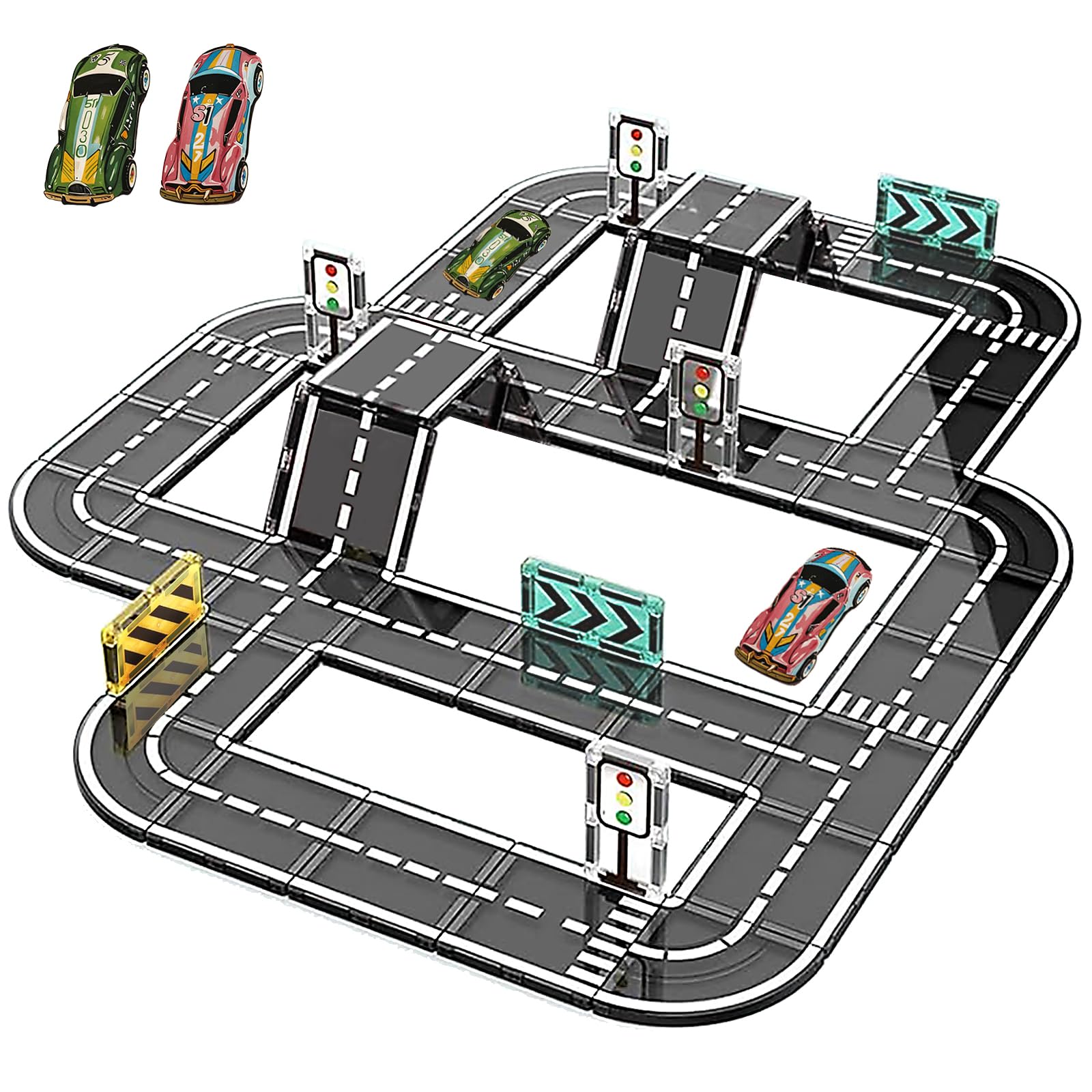 52Pcs Magnetic Tiles Road Set with Cars Toys, Magnetic Building Blocks Toy for 3+ Year Old Boys & Girls, Ideal Birthday for Kids Ages 3-8 Years Old