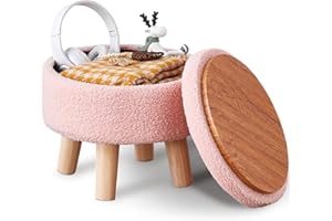 Wimarsbon Storage Ottoman, Modern Round Footrest with Soft Padded Seat, Teddy Velvet Footstool with Wood Legs, Accent Small T
