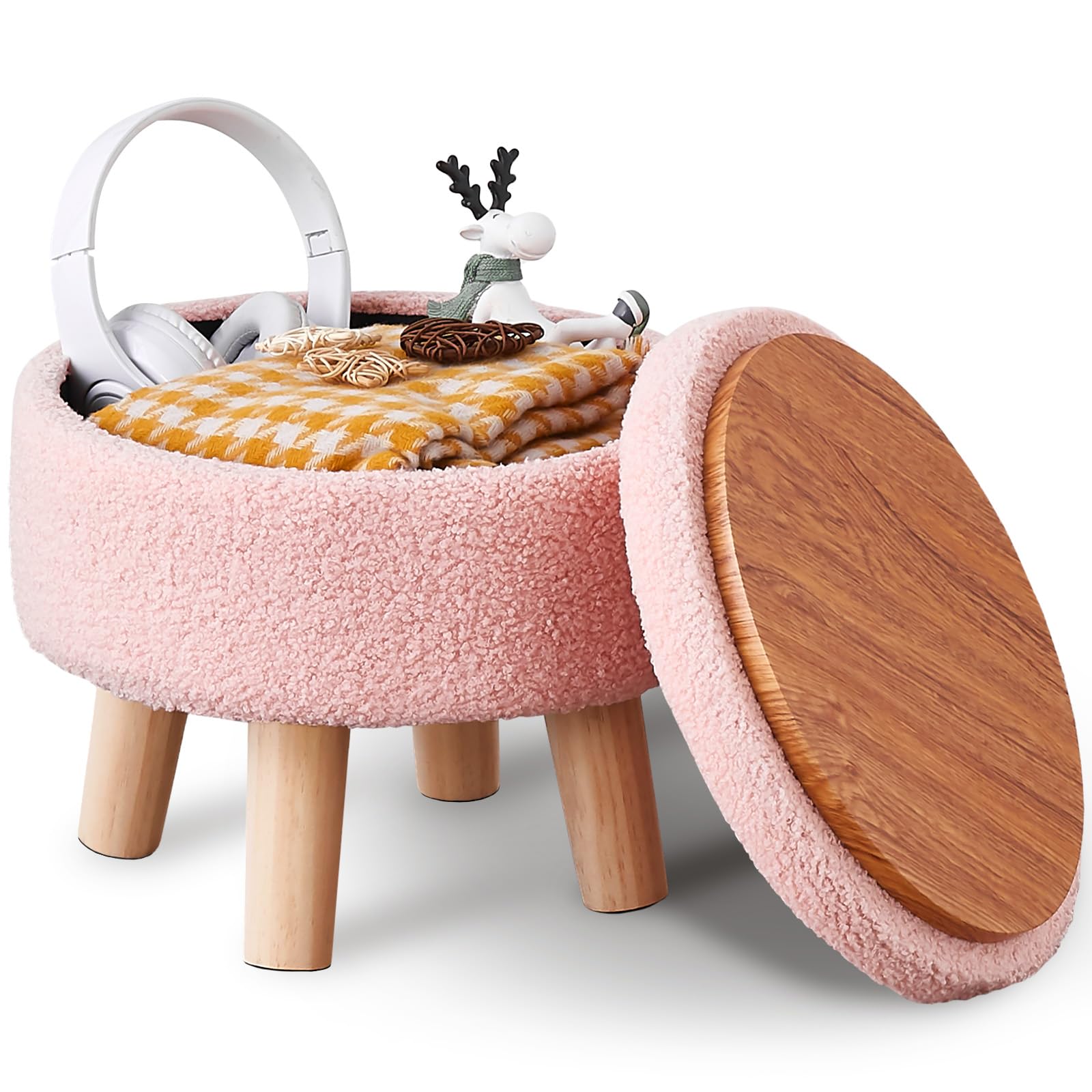 Photo 1 of Wimarsbon Storage Ottoman, Modern Round Footrest with Soft Padded Seat, Teddy Velvet Footstool with Wood Legs, Accent Small Table or Plant Stand for Hallway, Living Room (Pink)