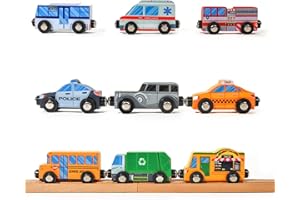9 Piece Wooden Cars with Magnets - City Vehicles, Emergency Trucks, School Bus, Police, Fire, Ambulance, Taco Truck Toy - Community Helpers Play Set - Zany Trains
