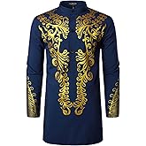 LucMatton Men's Metallic Foil Print African Attire Dashiki Slim Fit Long Sleeve Lightweight Shirt