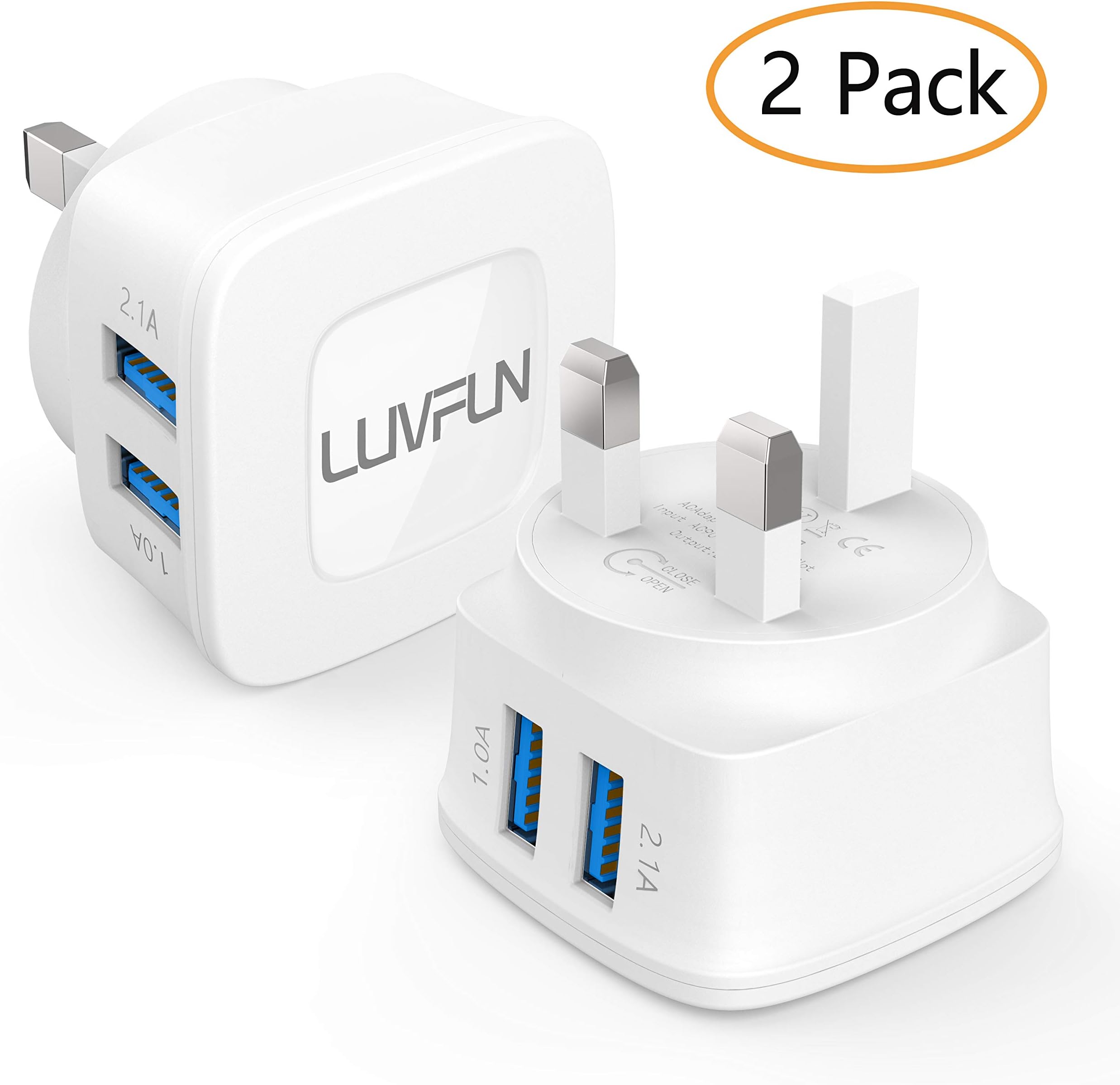 Luvfun Dual USB Charger [5V/2.1A] 2-Port Universal Main Charger USB Charger Plug for iPhone XS/XR/XS Max/8/8 Plus, Galaxy S9/S8/Note 8, Huawei, Tablet, Kindle, Power Bank & More [2 PACK]