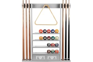 HMQQ 2-IN-1 Pool Cue Rack Wall Mount & Score Counters,Holds 6 Pool Sticks,a Full Set of Balls and Billairds Accessory, 100% Solid Rubber Wood Pool Stick Holder Wall Mount