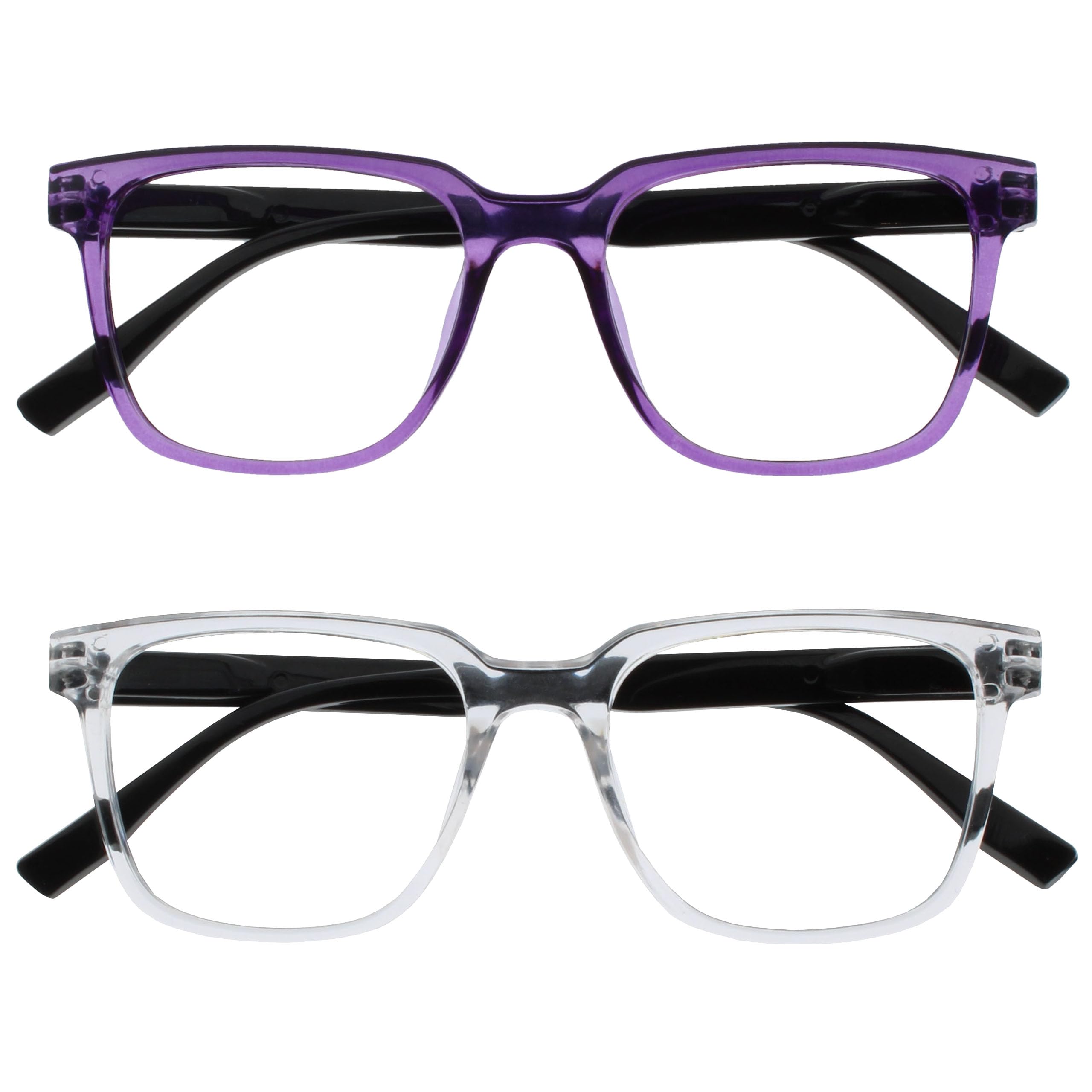 OPULIZE LEO Reading Glasses - 2 -Pack - Large Rectangular Frame - Purple, Clear - Mens Womens - Spring Hinges - RR55-5C - +3.00