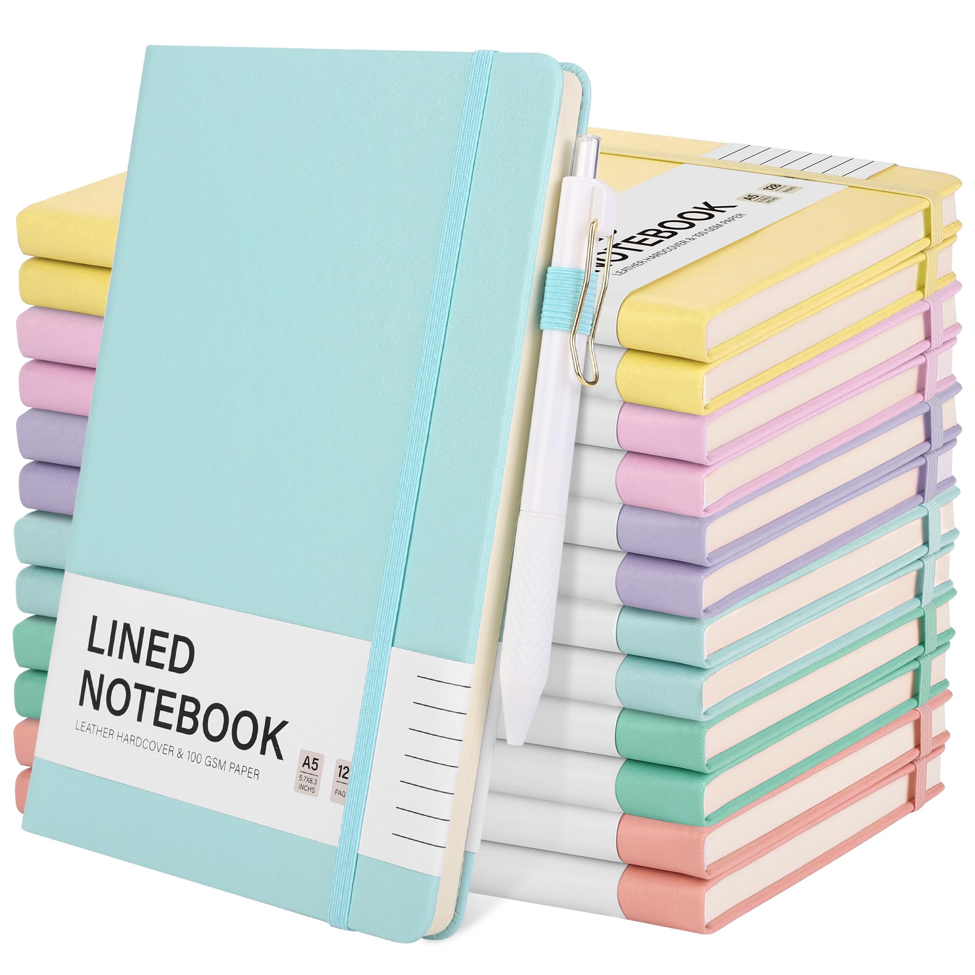 Photo 1 of Aodaer 12 Set Lined Notebook Journals with Pens A5 Notebooks 100 GSM College Ruled Hardcover Notebook PU Leather Notepad with Pen Holder for Office School, 5.7 x 8.3 Inches, Light Multicolor
