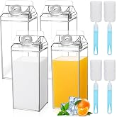 Yiyiring 4 Pack 64 oz Large Milk Carton Water Bottle with Cleaning Brush Clear Plastic Milk Bottle Portable Leakproof Juice C