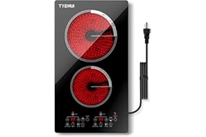 TYEMUI 2 Burner Electric Cooktop 110v Plug in, Portable 2000W Infrared Cooktop Double Burner 12in Ceramic Glass Stove Top Bur