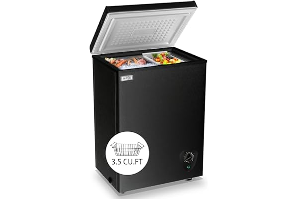 Chest Freezer Small Deep 3.5 Cu.Ft Black Mini Freezers Top Door Adjustable 7 Thermostat and Removable Basket Open Garage Basement Apartment Kitchen Business Office RV