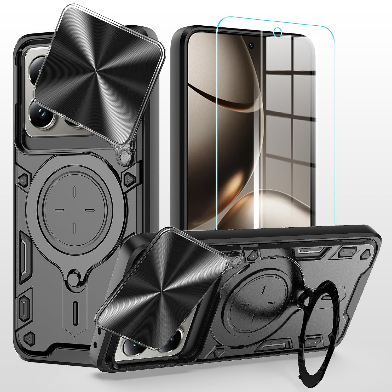 XRCS for Xiaomi 14T Pro Case,with Camera Lens Cover Slider 1Pack Screen Protectors Magnetic Kickstand Protective Case Heavy Duty Rugged Cell Phone Protective Cover Black
