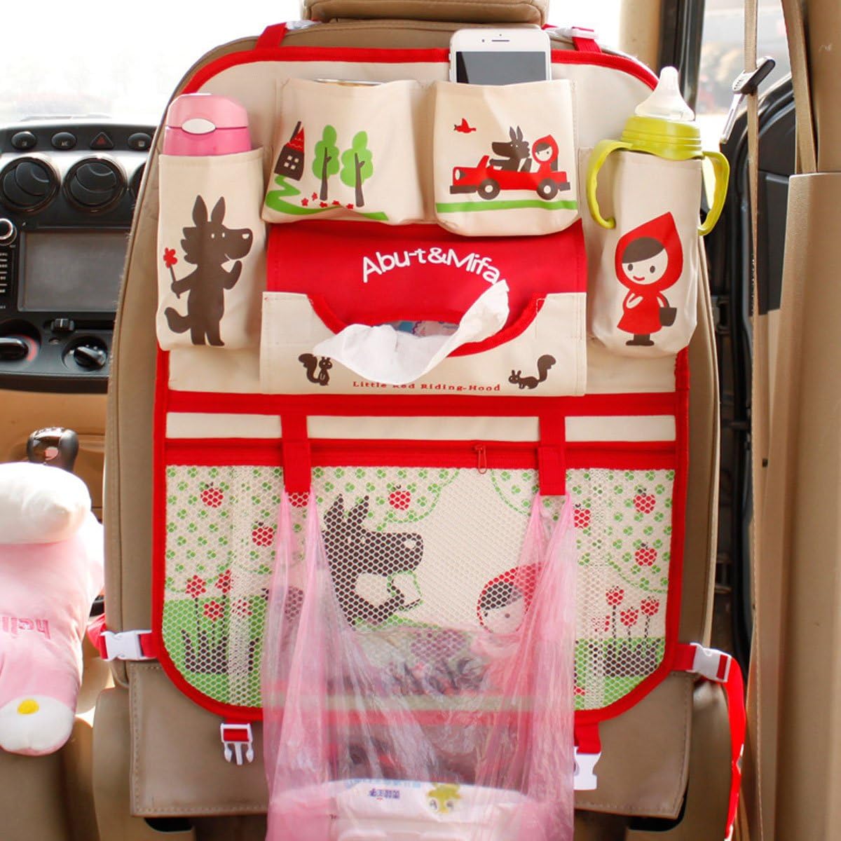 Four1Korea Universal Use Car Backseat organizer for Baby and Kids Travel accessories, Thermal Storage Bottles, Pockets, Tissue Box, Toys, Garbage Bag, Variety Designs (J.Red-hood)