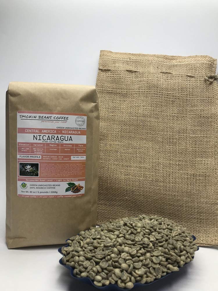 5 Pounds &ndash; Southern Central America &ndash; Nicaragua &ndash; Unroasted Arabica Green Coffee Beans &ndash; Grown In Region Jinotega &ndash; Altitude 1100-1350 Meters &ndash; Drying/Milling Process Is Washed - Includes Burlap Bag