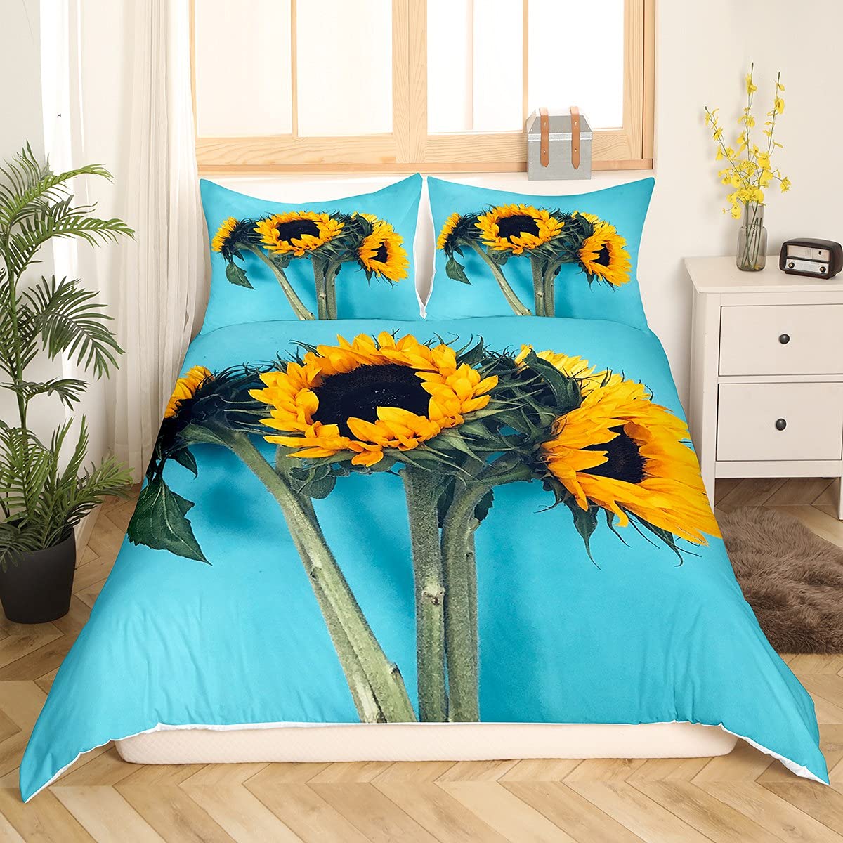 Loussiesd Sunflower Duvet Cover Set Single for Kids Cool 3D Floral Flowers Pattern Bedding Set Pastoral Comforter Cover with 1Pillow Shams Zipper Ultra Soft Microfiber Botanical Bedspread Cover