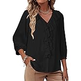 Womens Boho Ruffle V-Neck Blouse 3/4 Puff Sleeve Button Down Tops Business Casual Flowy Office Shirts