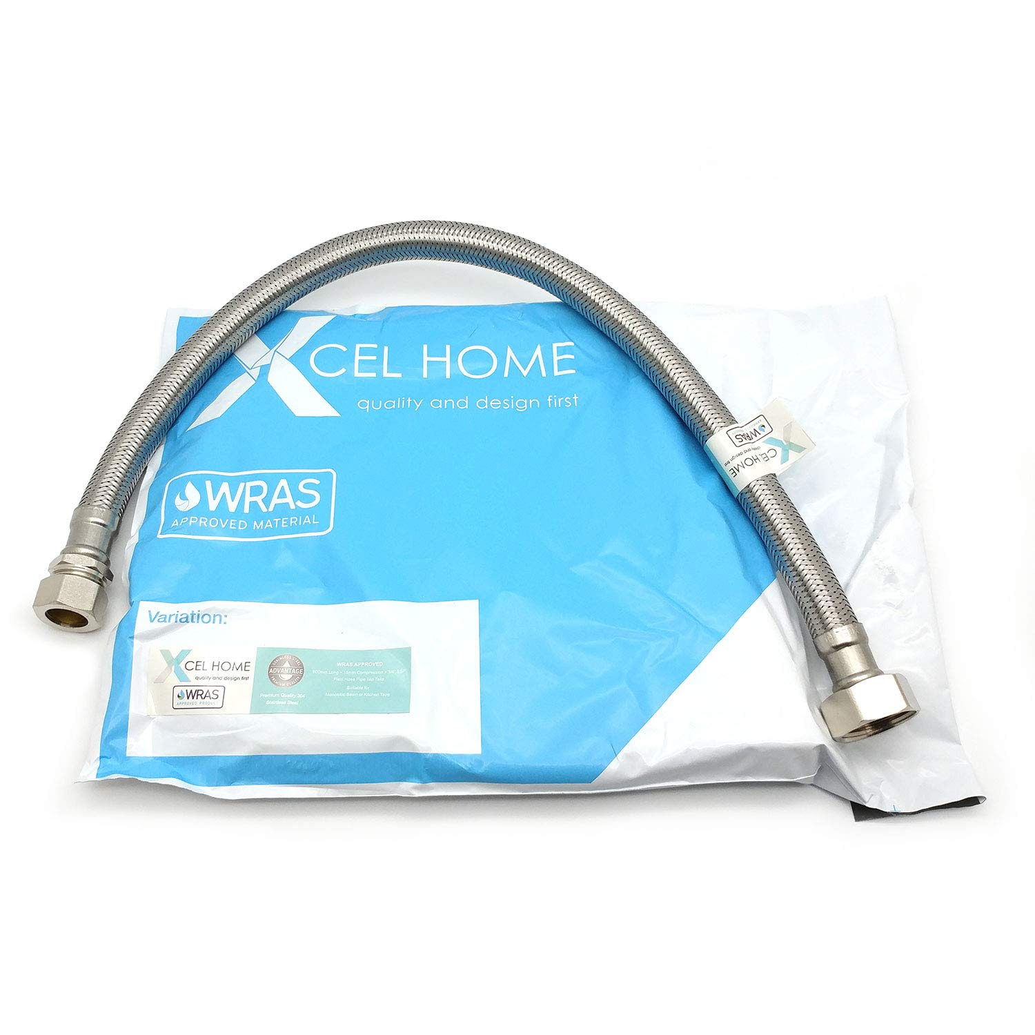 Xcel Home™ 1x WRAS Approved 15mm Compression x 3/4" BSP (500mm Long) Flexible Tap Connector Pipes | Monobloc Mixer Tap Connectors Kitchen Sink/Bathroom Basin Stainless Steel Braided Flexi Pipe Tails