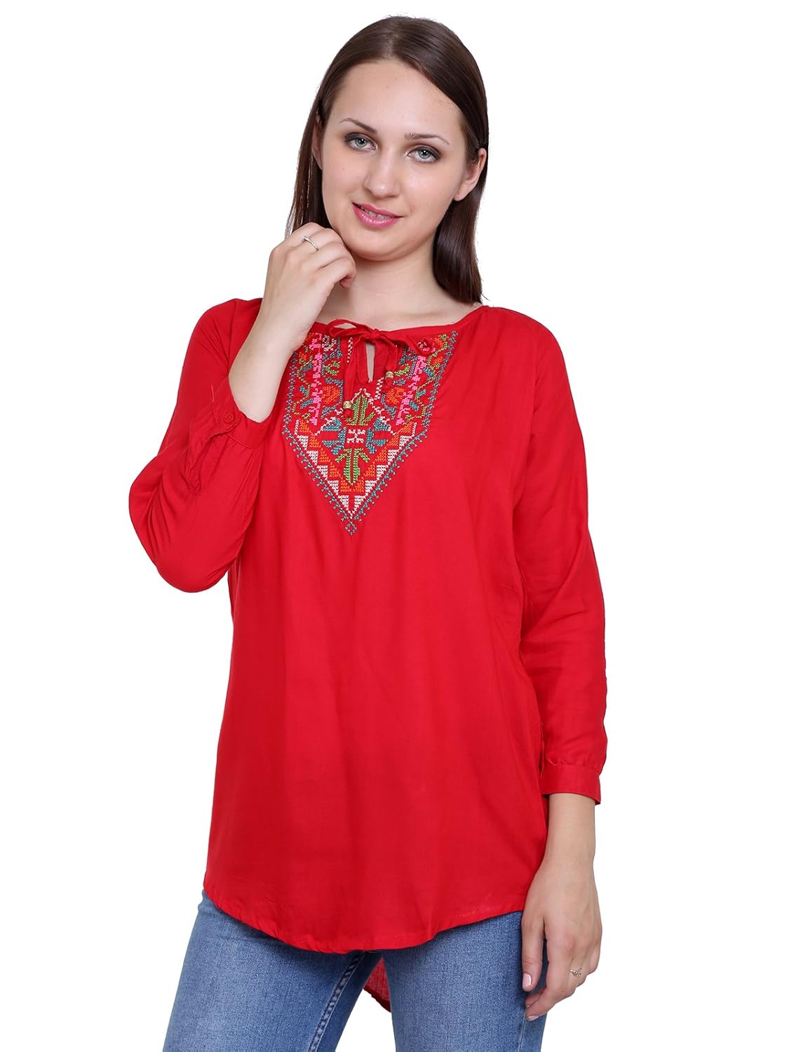 papsara red rayon slub women's long top